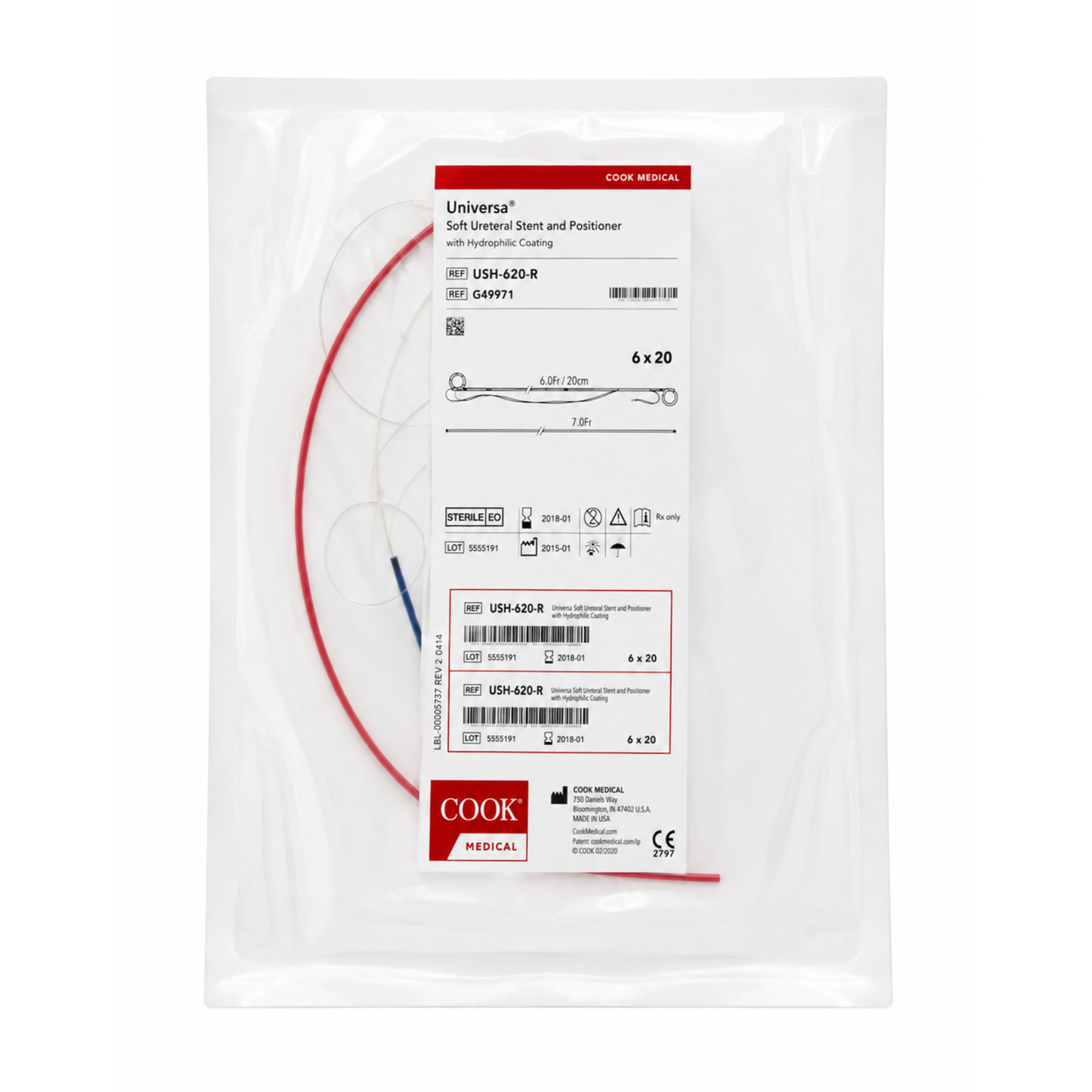 Universa Soft Ureteral Stent Set with Hydrophilic Coating 6 Fr x 20 cm USH-620-R Cook Medical ureteral drainage stent