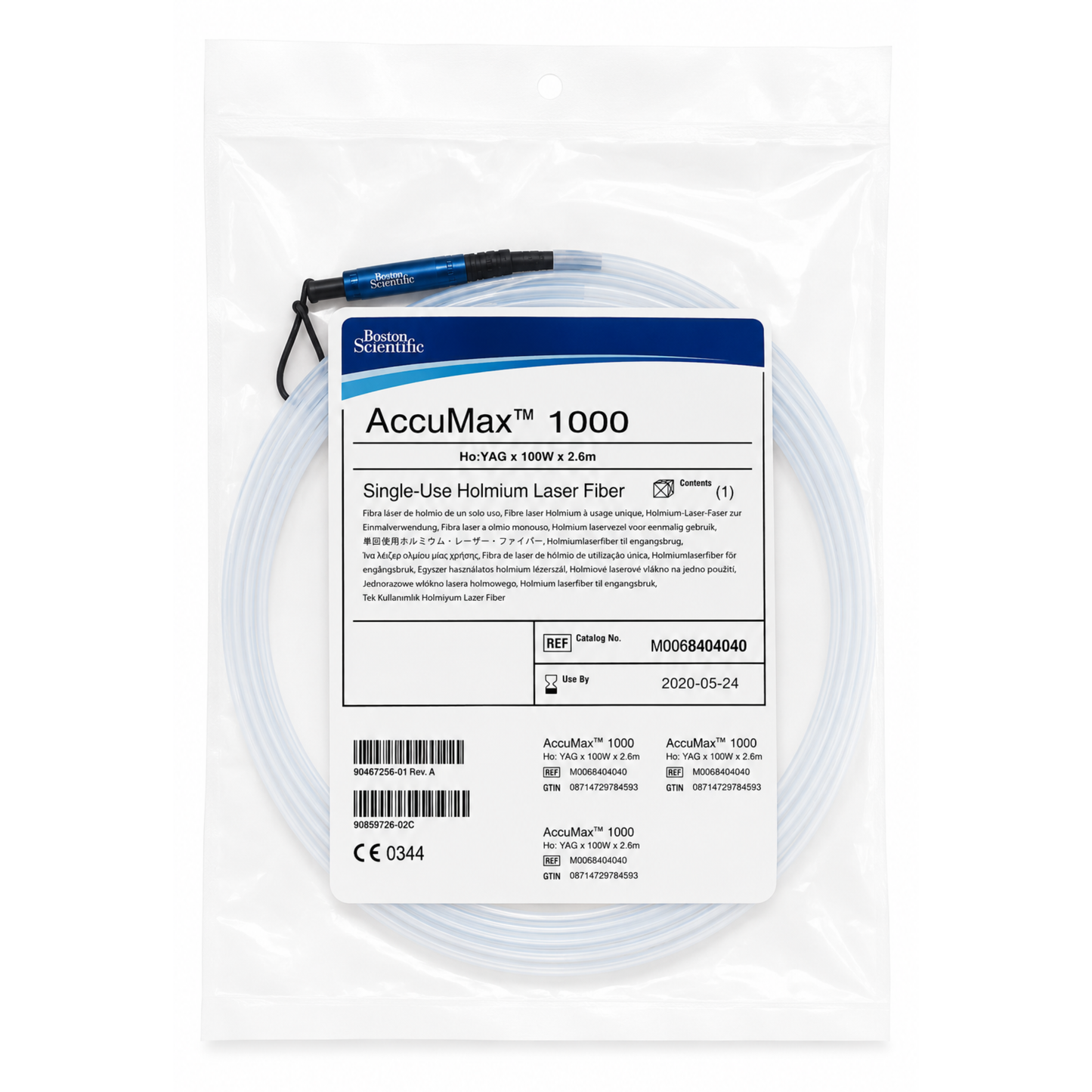 AccuMax 1000 Single-Use Holmium Laser Fiber Ho:YAG 100W 2.6m M0068404040 Boston Scientific laser lithotripsy fiber