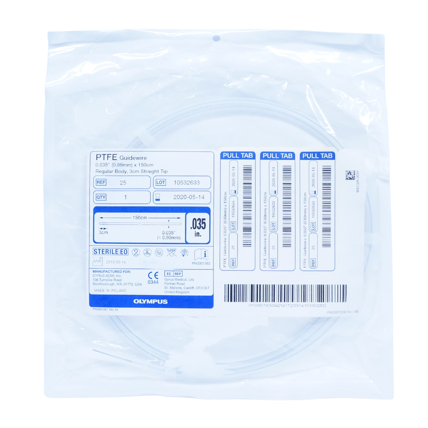 Gyrus ACMI PTFE Guidewire .035 inch x 150 cm mid-flex shaft with 3 cm straight floppy tip box of 5