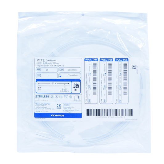 Gyrus ACMI PTFE Guidewire .035 inch x 150 cm mid-flex shaft with 3 cm straight floppy tip box of 5