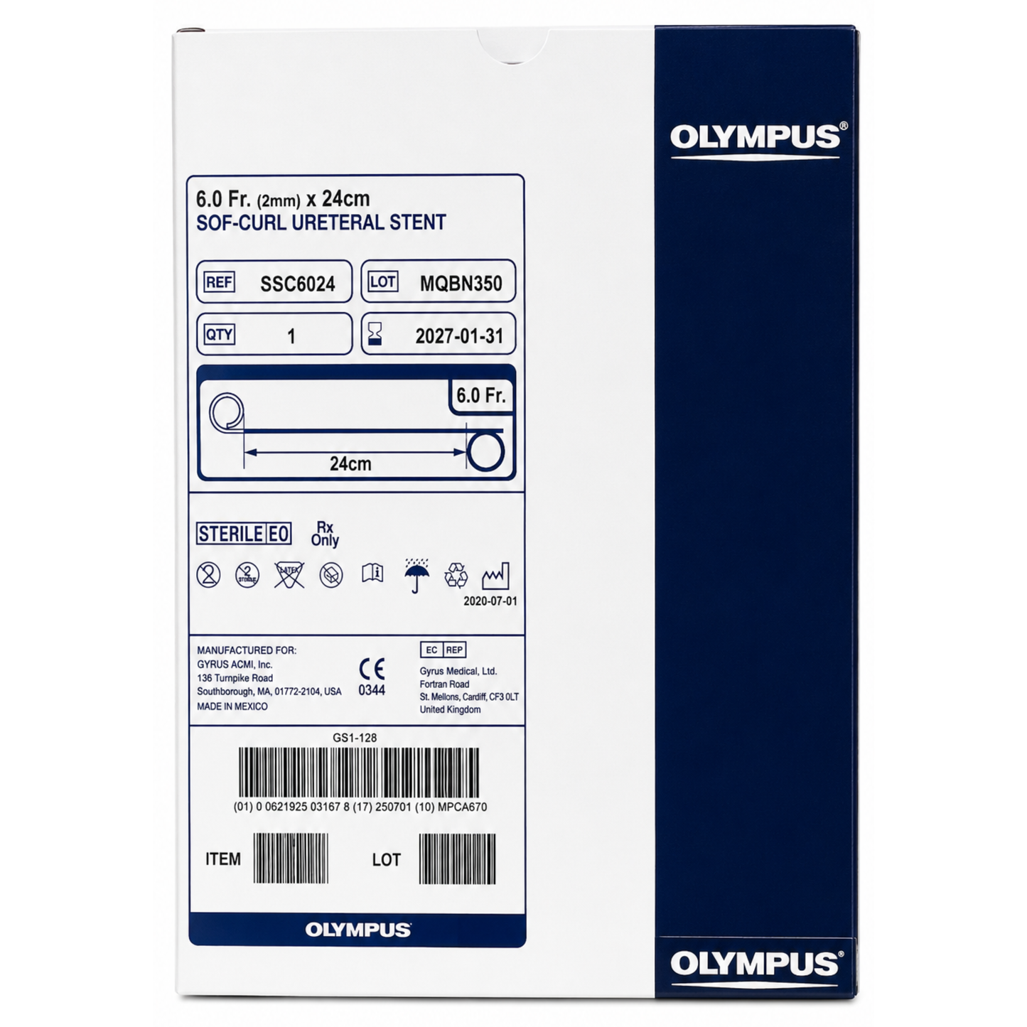 Olympus Sof-Curl Ureteral Stent 6 Fr x 24 cm double pigtail ureteral drainage stent