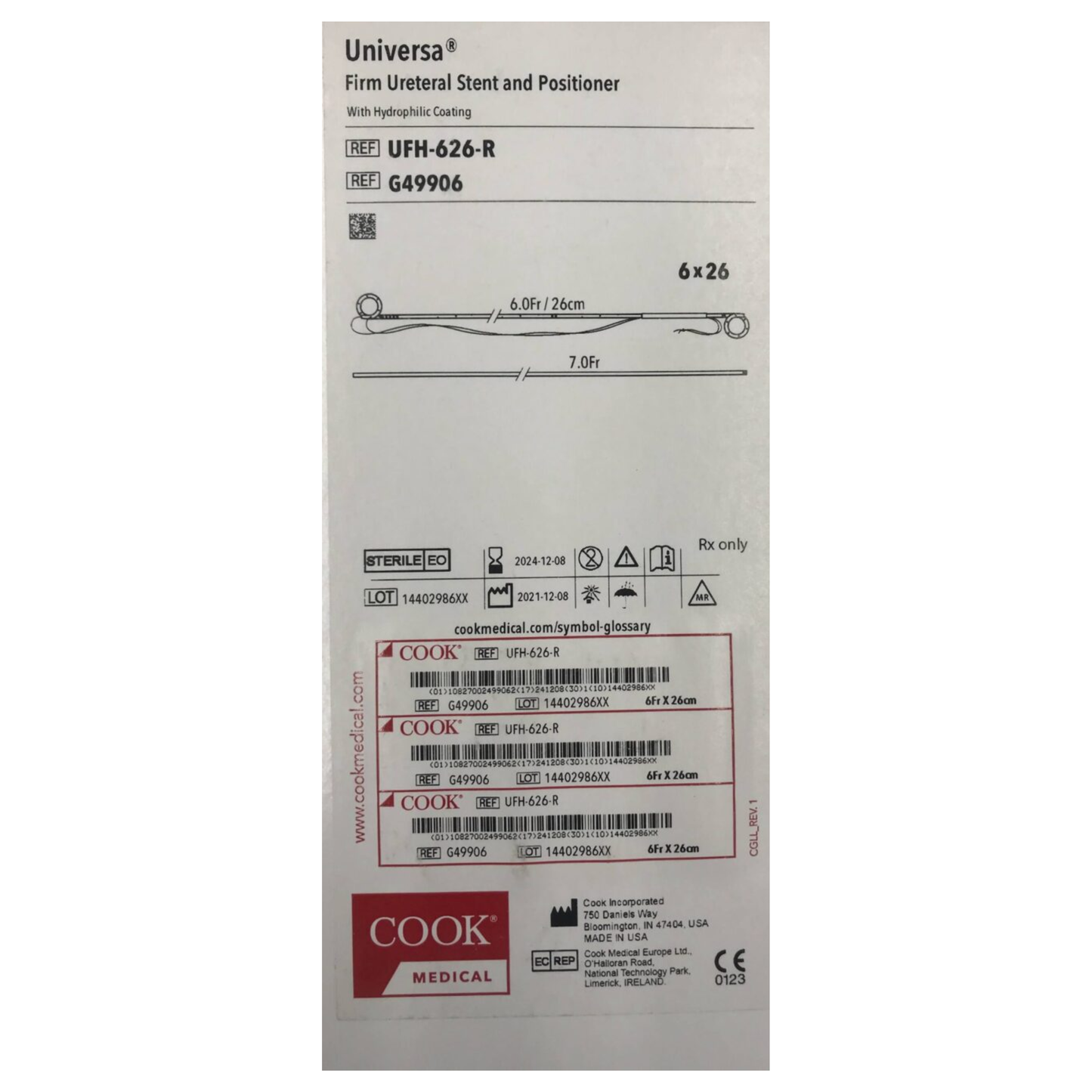 Universa Firm ureteral stent and positioner hydrophilic coating 6Fr x 26cm UFH-626-R Cook Medical