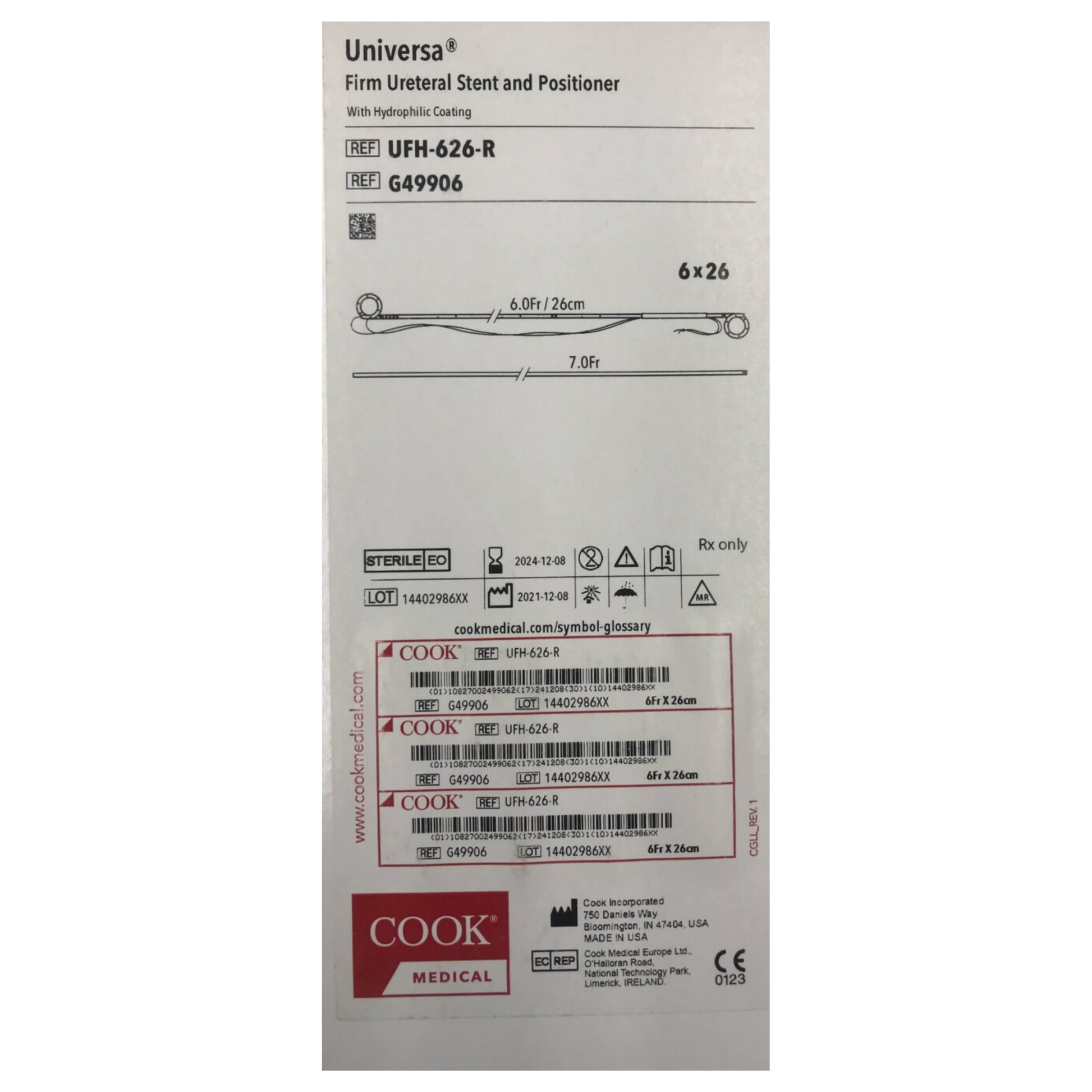 Universa Firm ureteral stent and positioner hydrophilic coating 6Fr x 26cm UFH-626-R Cook Medical