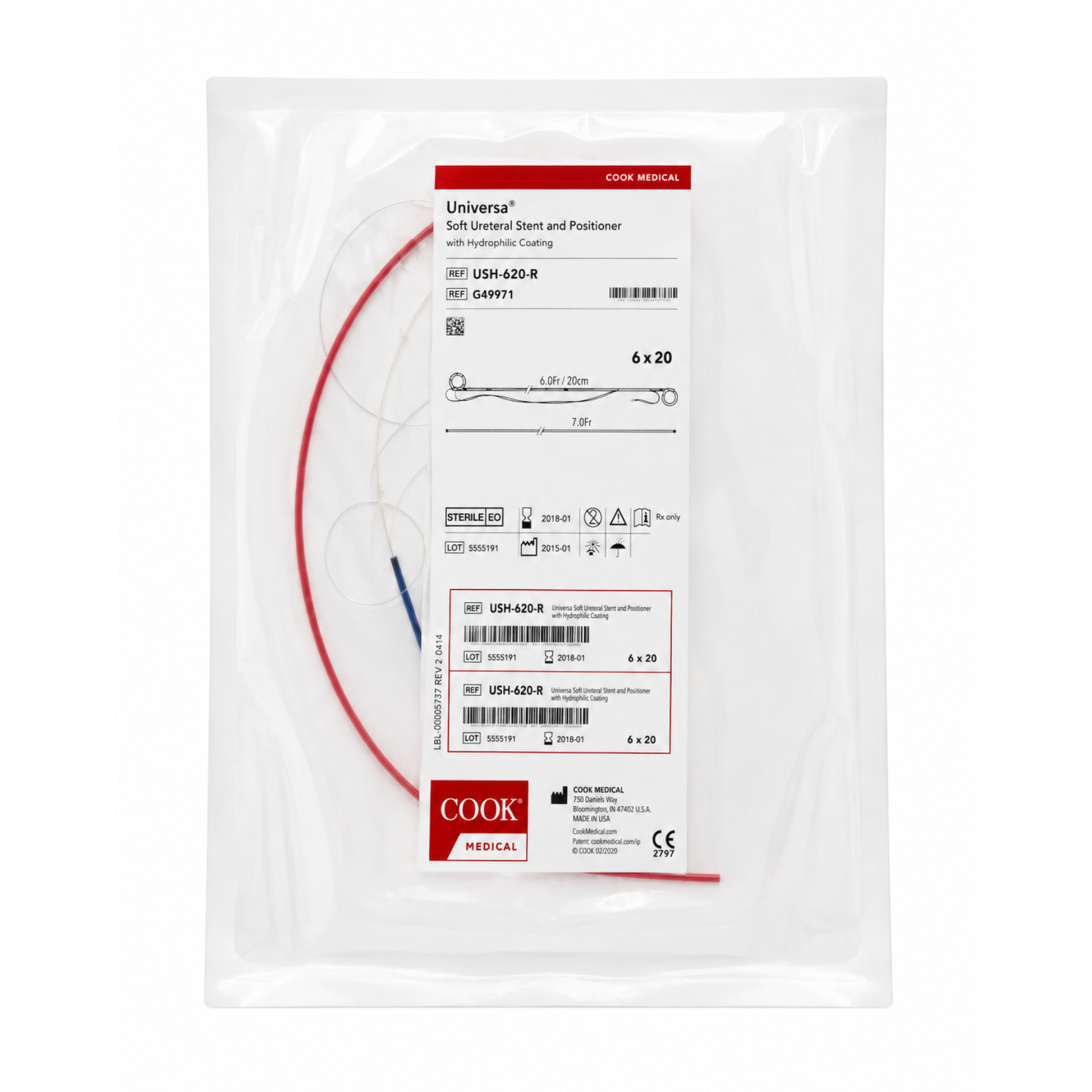 Universa Soft Ureteral Stent Set with Hydrophilic Coating 6 Fr x 20 cm USH-620-R Cook Medical ureteral drainage stent